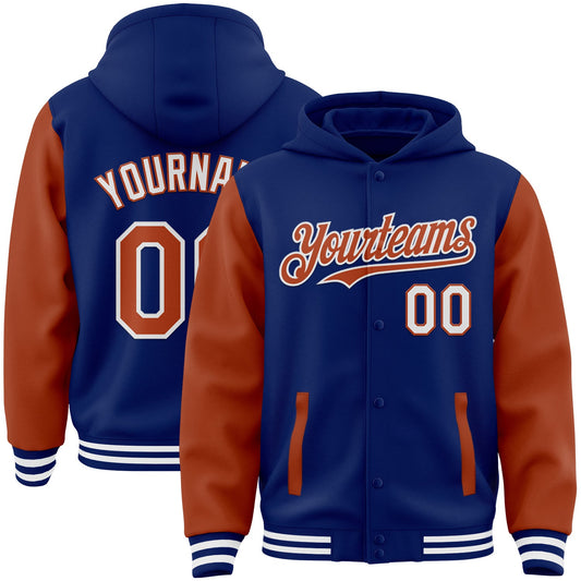 Custom Royal Texas Orange-White Bomber Full-Snap Varsity Letterman Two Tone Hoodie Jacket - Main View