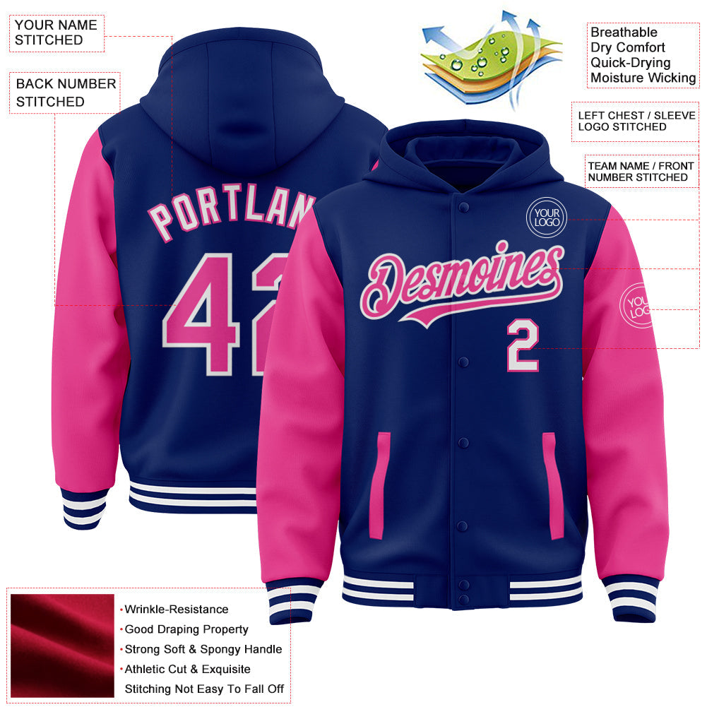 Custom Royal Pink-White Bomber Full-Snap Varsity Letterman Two Tone Hoodie Jacket view 3