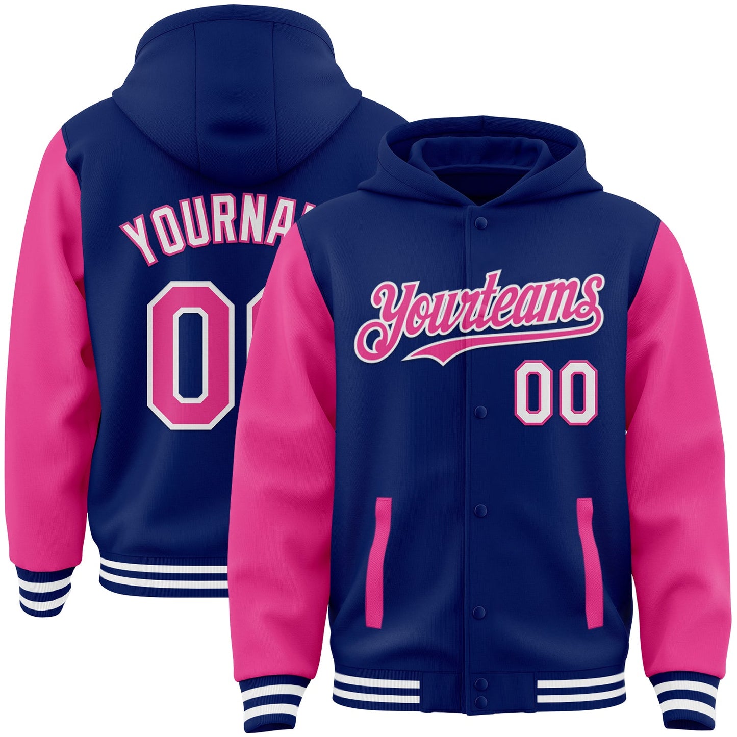 Custom Royal Pink-White Bomber Full-Snap Varsity Letterman Two Tone Hoodie Jacket - Main View