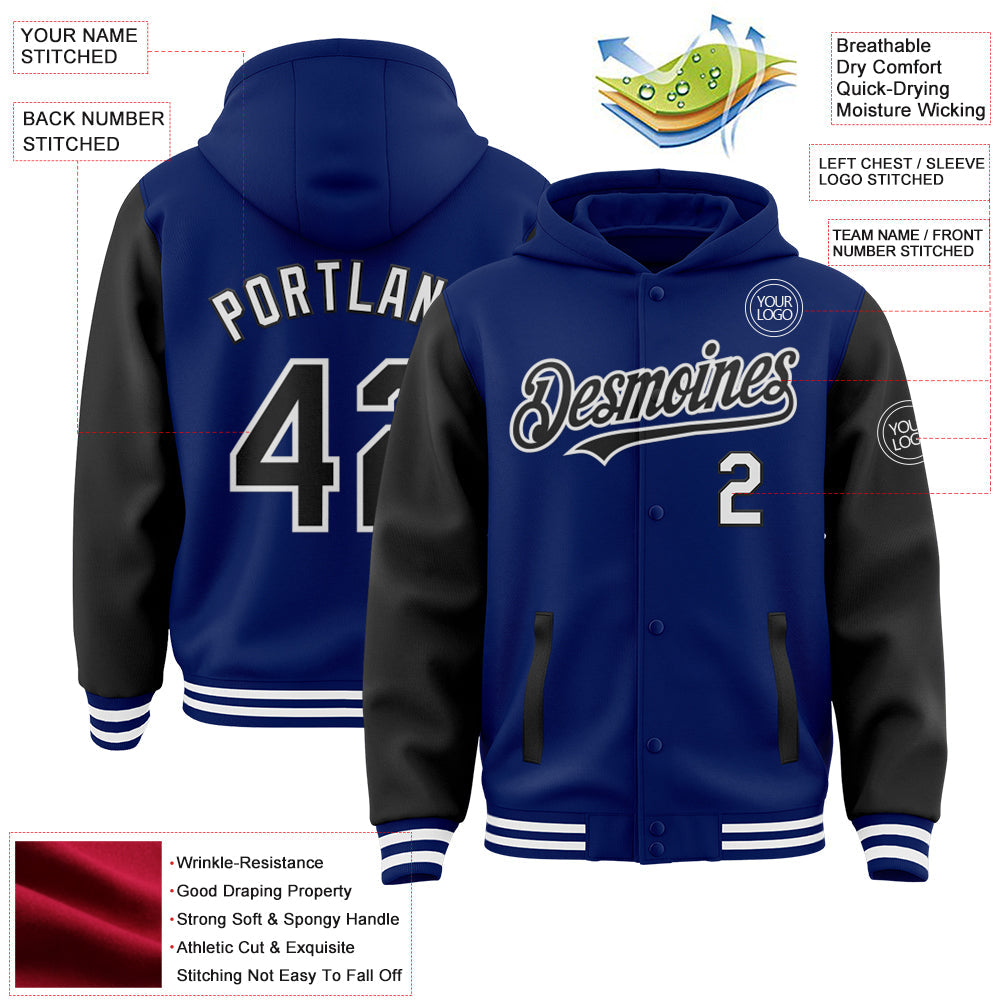 Custom Royal Black-White Bomber Full-Snap Varsity Letterman Two Tone Hoodie Jacket view 3