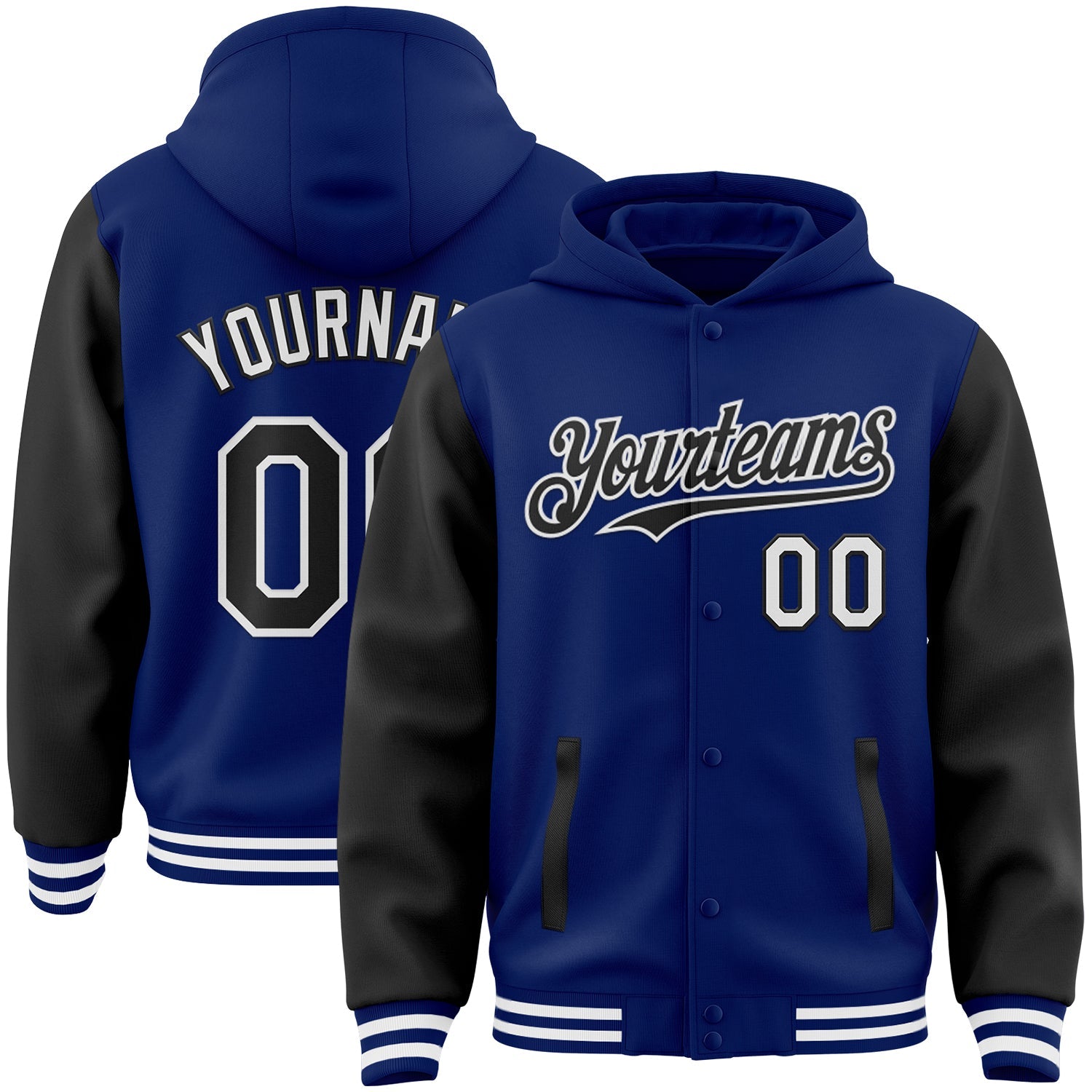 Custom Royal Black-White Bomber Full-Snap Varsity Letterman Two Tone Hoodie Jacket - Main View