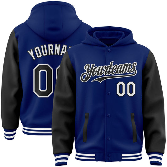 Custom Royal Black-White Bomber Full-Snap Varsity Letterman Two Tone Hoodie Jacket - Main View