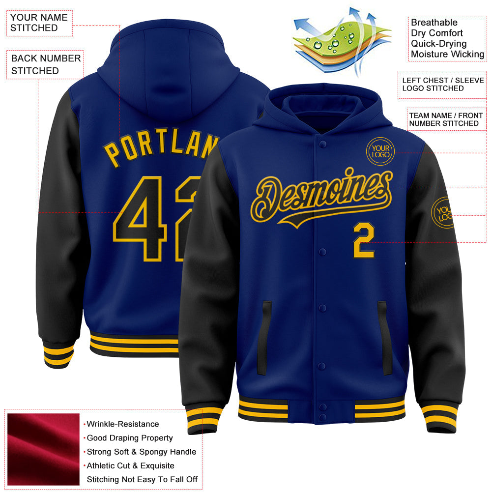 Custom Royal Black-Gold Bomber Full-Snap Varsity Letterman Two Tone Hoodie Jacket view 3