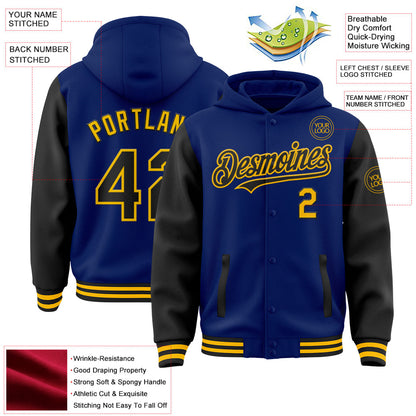 Custom Royal Black-Gold Bomber Full-Snap Varsity Letterman Two Tone Hoodie Jacket view 3