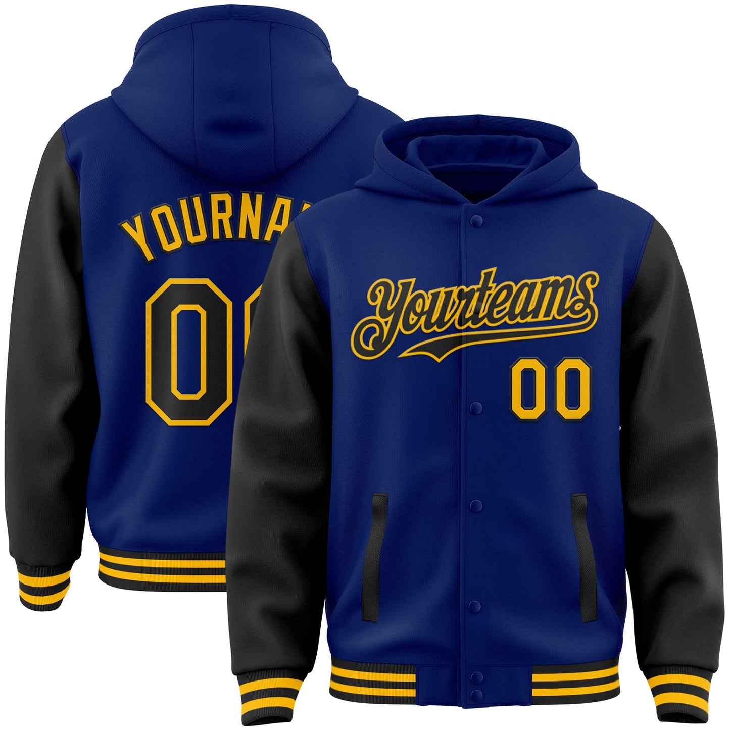 Custom Royal Black-Gold Bomber Full-Snap Varsity Letterman Two Tone Hoodie Jacket - Main View