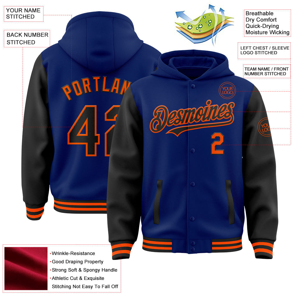 Custom Royal Black-Orange Bomber Full-Snap Varsity Letterman Two Tone Hoodie Jacket view 3