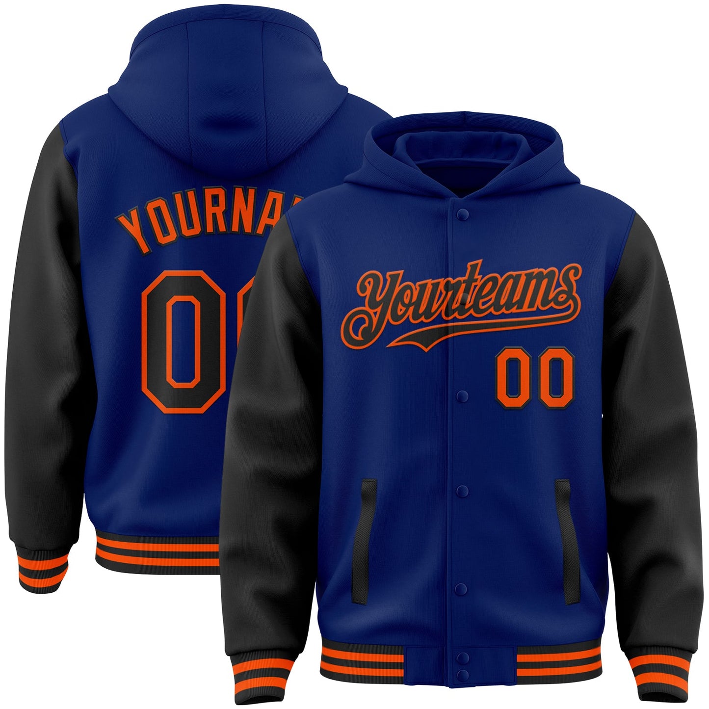 Custom Royal Black-Orange Bomber Full-Snap Varsity Letterman Two Tone Hoodie Jacket - Main View
