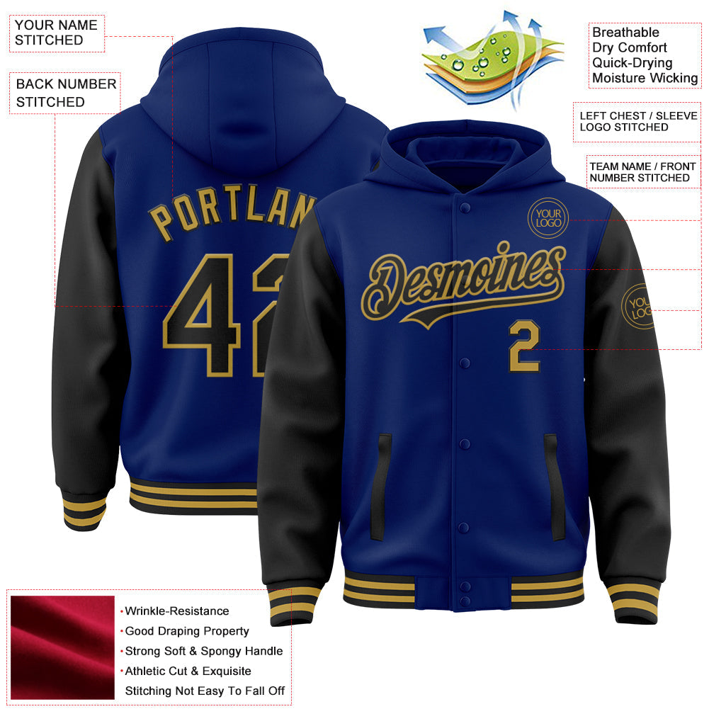Custom Royal Black-Old Gold Bomber Full-Snap Varsity Letterman Two Tone Hoodie Jacket view 3