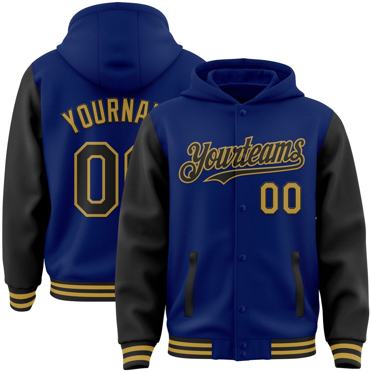 Custom Royal Black-Old Gold Bomber Full-Snap Varsity Letterman Two Tone Hoodie Jacket - Main View