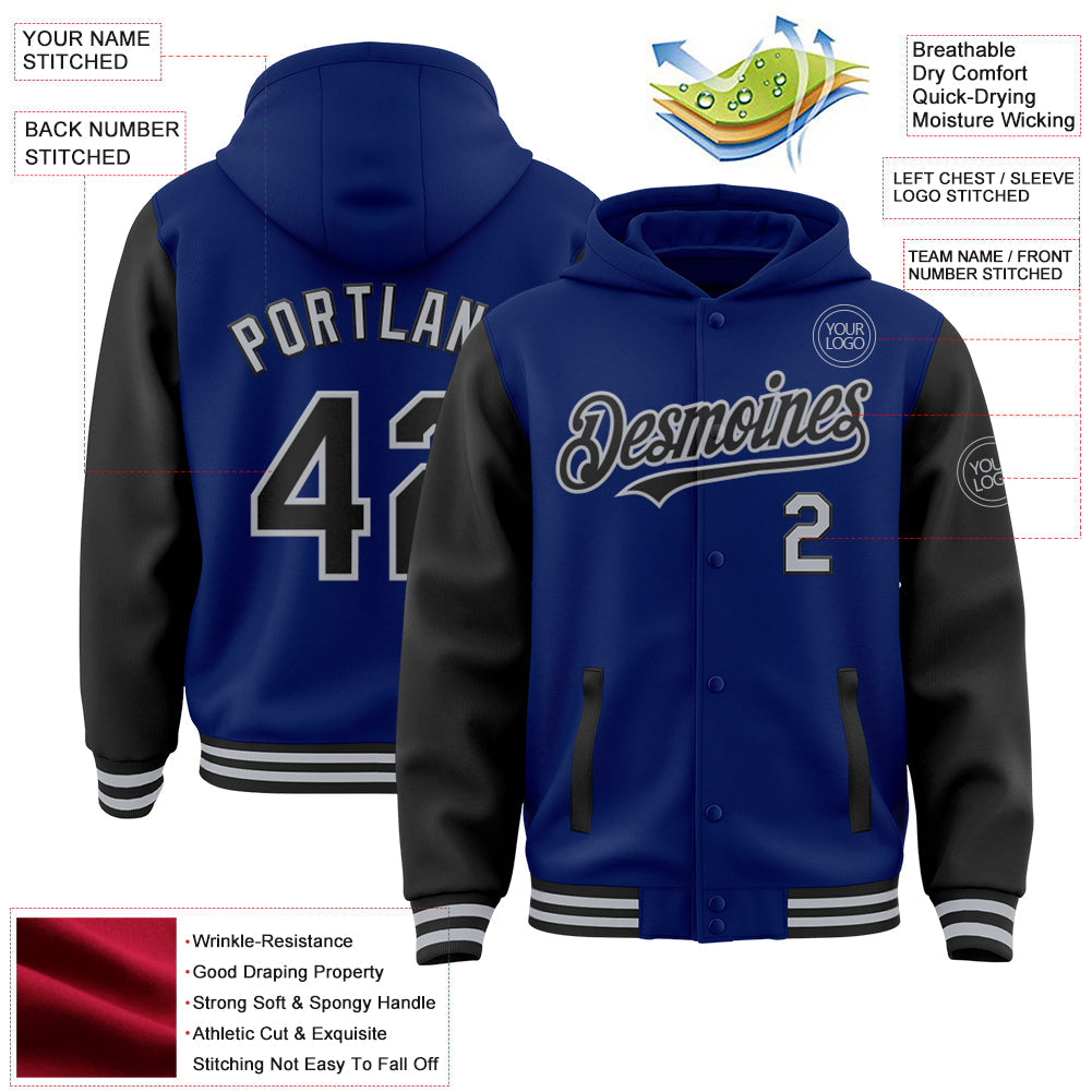 Custom Royal Black-Gray Bomber Full-Snap Varsity Letterman Two Tone Hoodie Jacket view 3