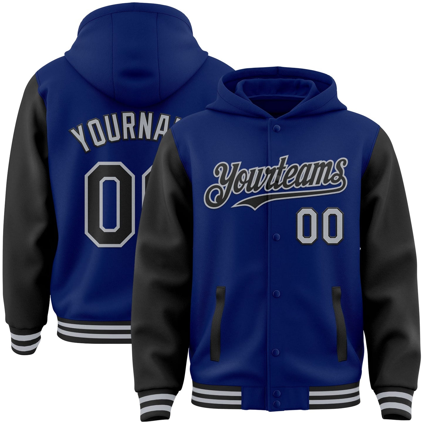 Custom Royal Black-Gray Bomber Full-Snap Varsity Letterman Two Tone Hoodie Jacket - Main View