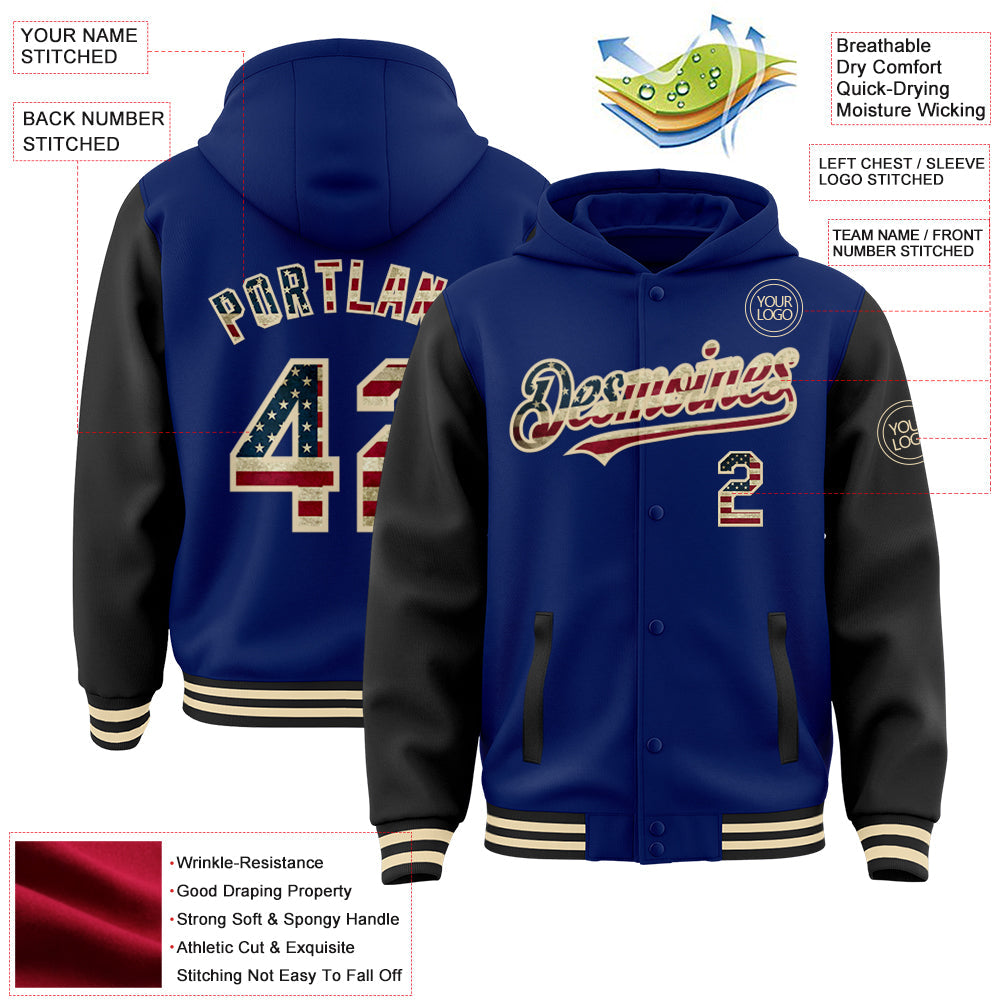 Custom Royal Vintage USA Flag Black-Cream Bomber Full-Snap Varsity Letterman Two Tone Hoodie Jacket view 3
