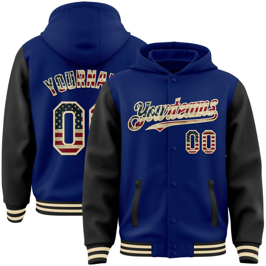Custom Royal Vintage USA Flag Black-Cream Bomber Full-Snap Varsity Letterman Two Tone Hoodie Jacket - Main View