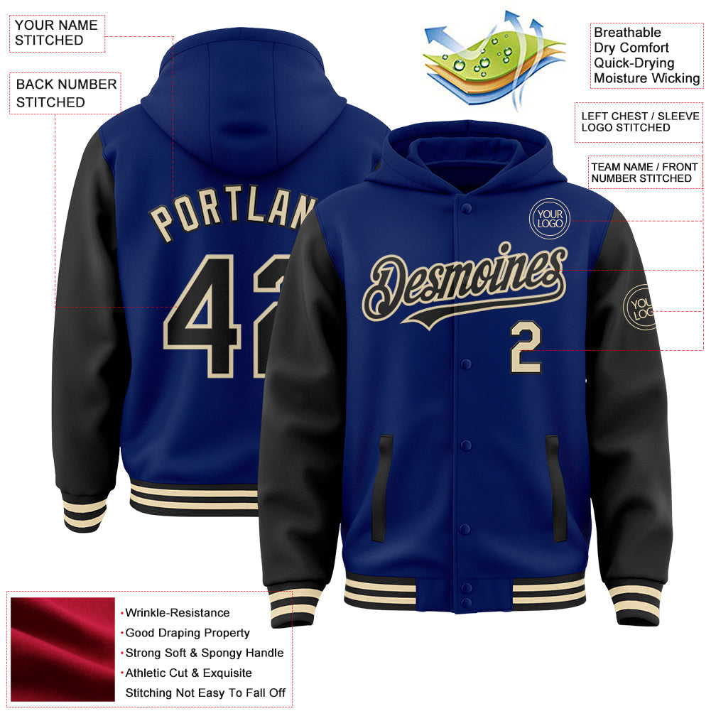 Custom Royal Black-Cream Bomber Full-Snap Varsity Letterman Two Tone Hoodie Jacket view 3