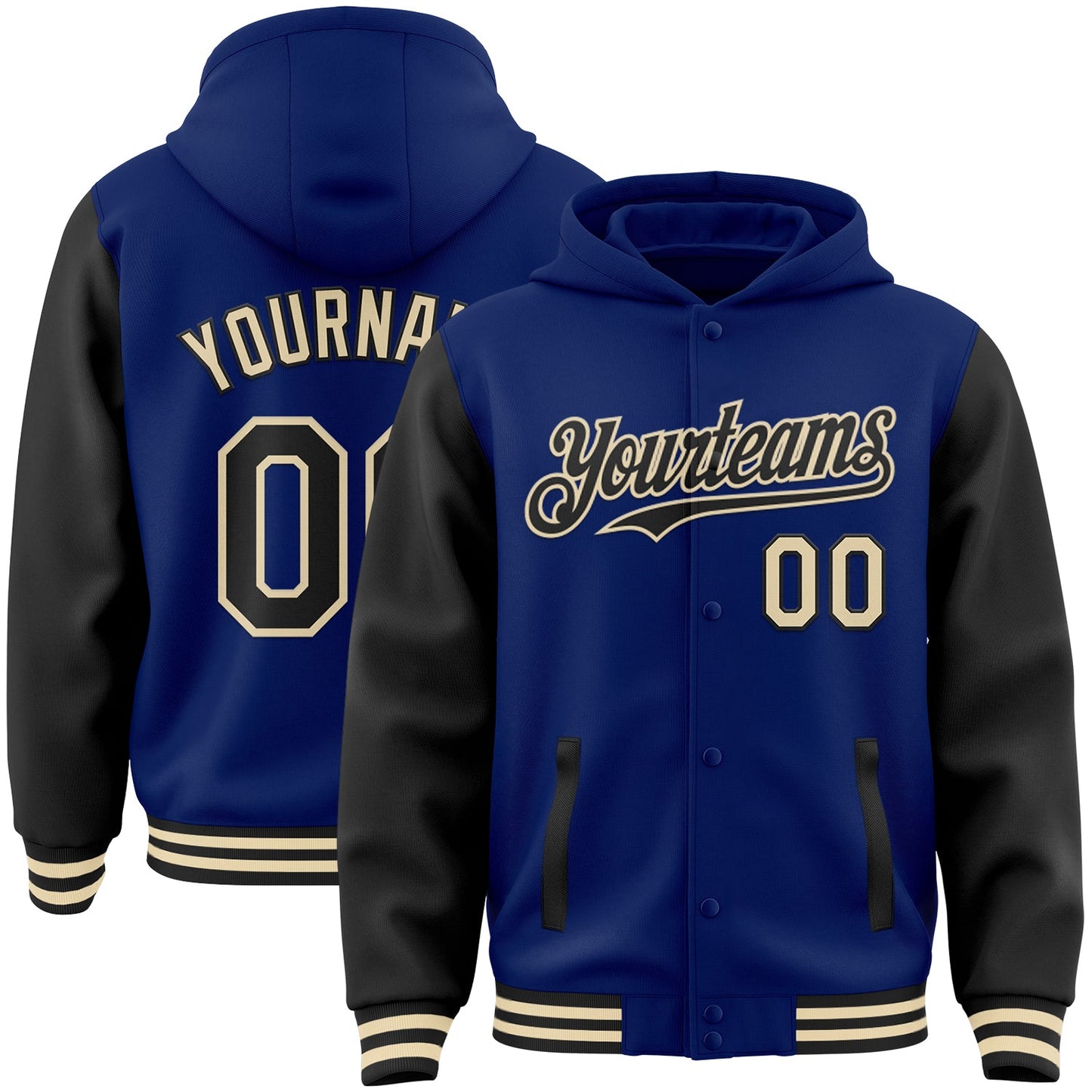 Custom Royal Black-Cream Bomber Full-Snap Varsity Letterman Two Tone Hoodie Jacket - Main View
