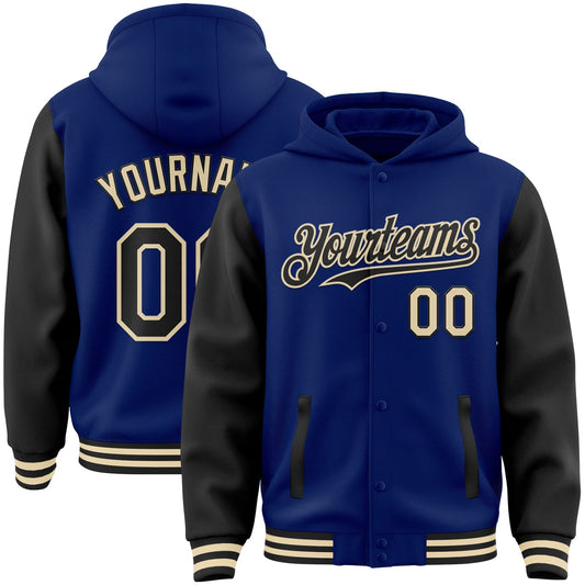 Custom Royal Black-Cream Bomber Full-Snap Varsity Letterman Two Tone Hoodie Jacket - Main View