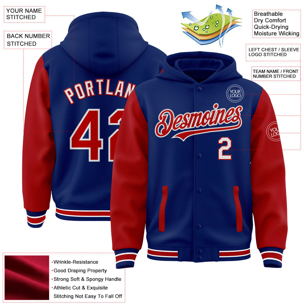 Custom Royal Red-White Bomber Full-Snap Varsity Letterman Two Tone Hoodie Jacket view 3