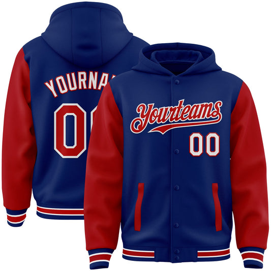 Custom Royal Red-White Bomber Full-Snap Varsity Letterman Two Tone Hoodie Jacket - Main View