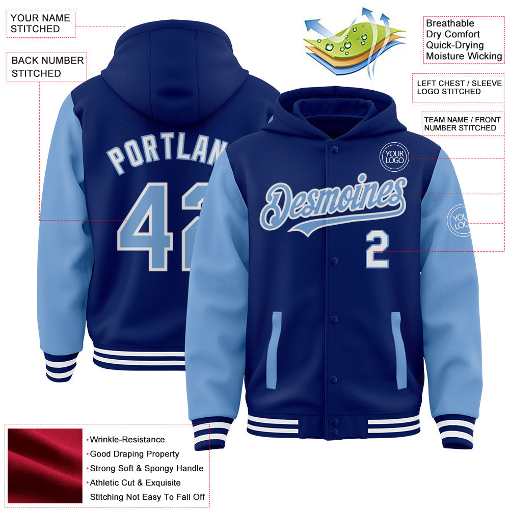 Custom Royal Light Blue-White Bomber Full-Snap Varsity Letterman Two Tone Hoodie Jacket view 3