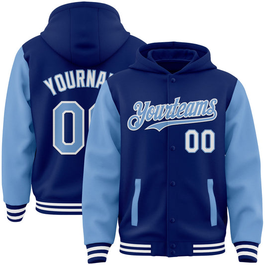 Custom Royal Light Blue-White Bomber Full-Snap Varsity Letterman Two Tone Hoodie Jacket - Main View