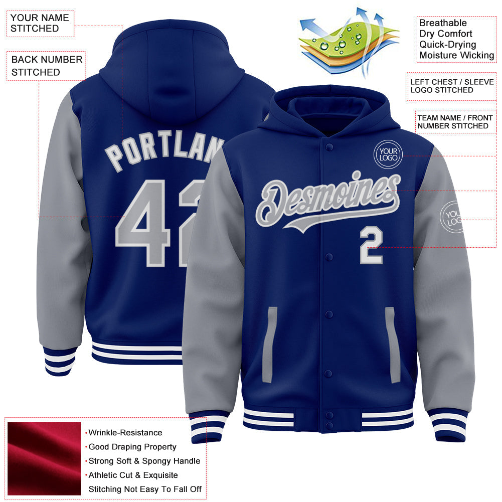 Custom Royal Gray-White Bomber Full-Snap Varsity Letterman Two Tone Hoodie Jacket view 3