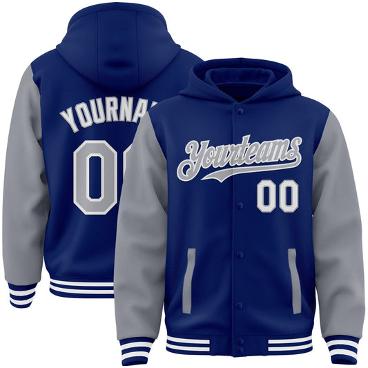 Custom Royal Gray-White Bomber Full-Snap Varsity Letterman Two Tone Hoodie Jacket - Main View