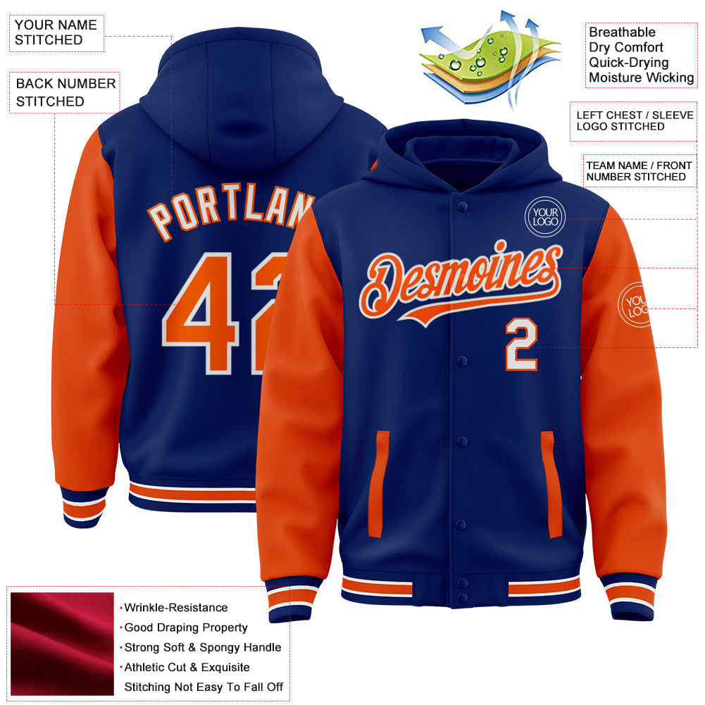 Custom Royal Orange-White Bomber Full-Snap Varsity Letterman Two Tone Hoodie Jacket view 3