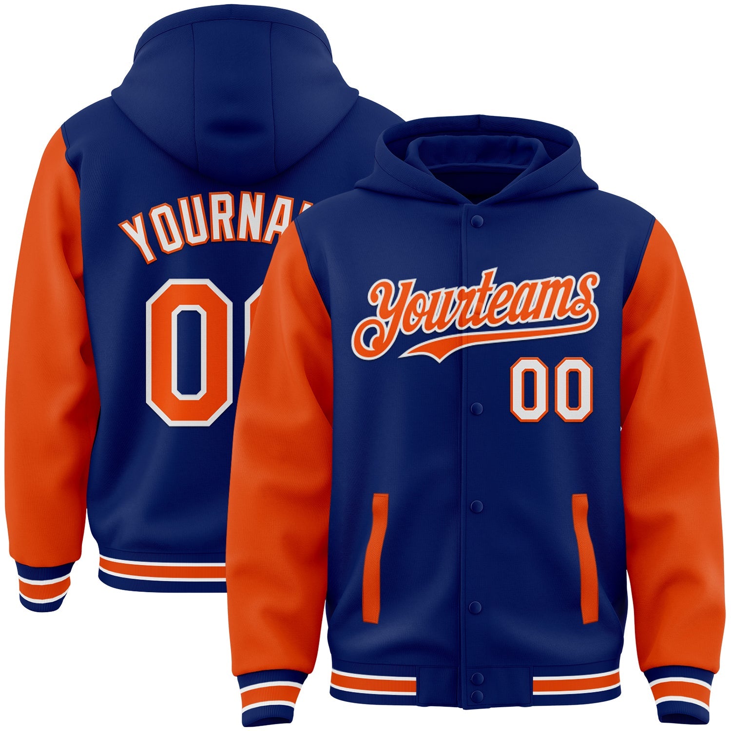 Custom Royal Orange-White Bomber Full-Snap Varsity Letterman Two Tone Hoodie Jacket - Main View