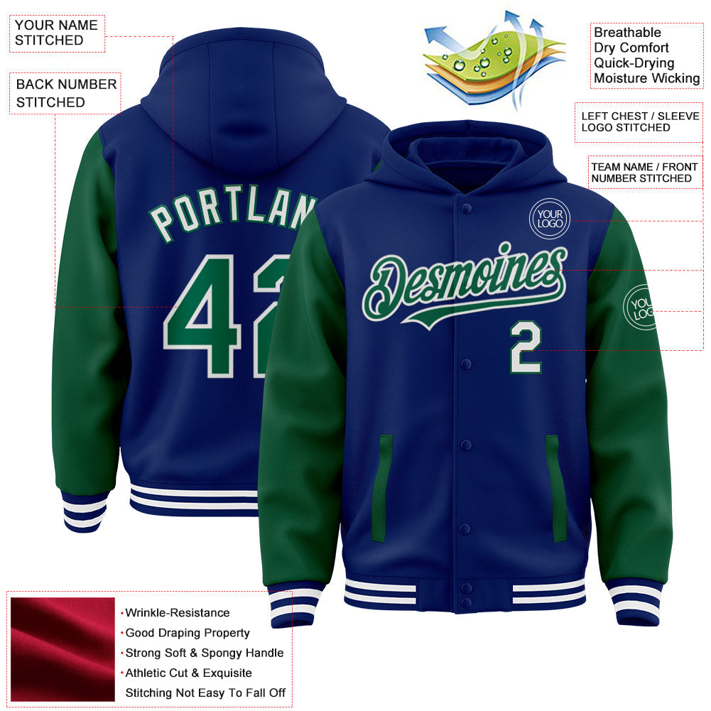 Custom Royal Kelly Green-White Bomber Full-Snap Varsity Letterman Two Tone Hoodie Jacket view 3
