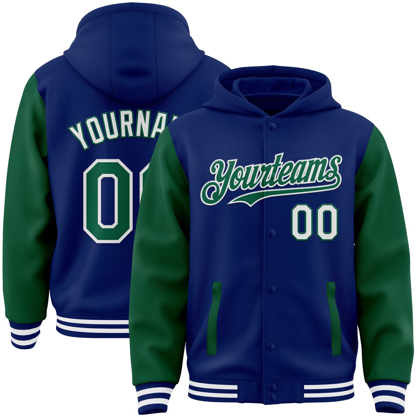 Custom Royal Kelly Green-White Bomber Full-Snap Varsity Letterman Two Tone Hoodie Jacket - Main View