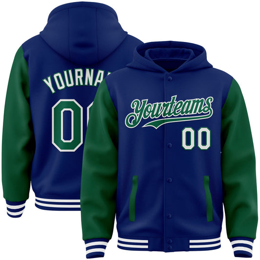 Custom Royal Kelly Green-White Bomber Full-Snap Varsity Letterman Two Tone Hoodie Jacket - Main View