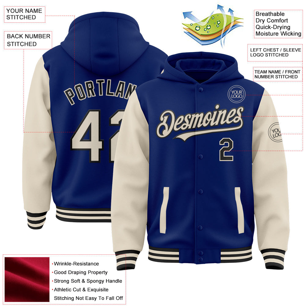 Custom Royal Cream-Black Bomber Full-Snap Varsity Letterman Two Tone Hoodie Jacket view 3