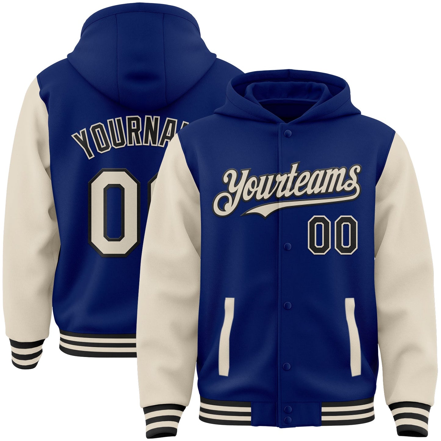 Custom Royal Cream-Black Bomber Full-Snap Varsity Letterman Two Tone Hoodie Jacket - Main View