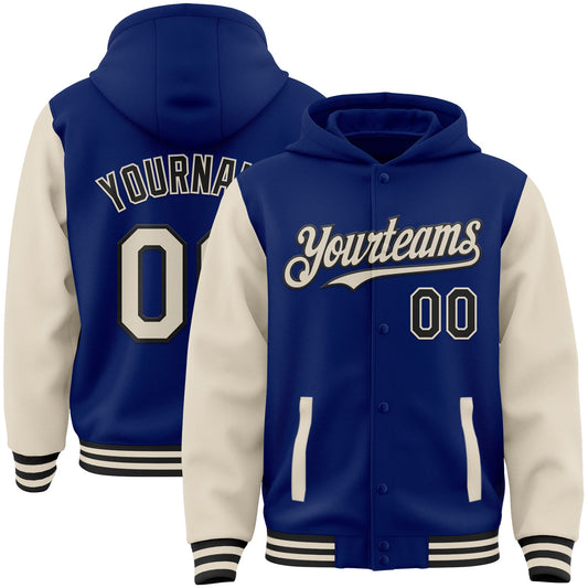 Custom Royal Cream-Black Bomber Full-Snap Varsity Letterman Two Tone Hoodie Jacket - Main View