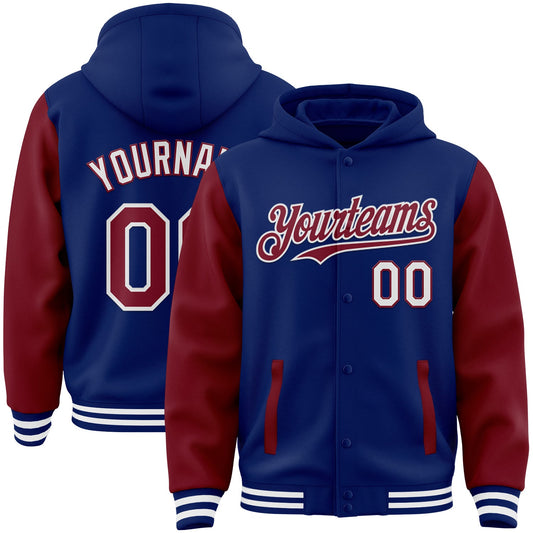 Custom Royal Crimson-White Bomber Full-Snap Varsity Letterman Two Tone Hoodie Jacket - Main View