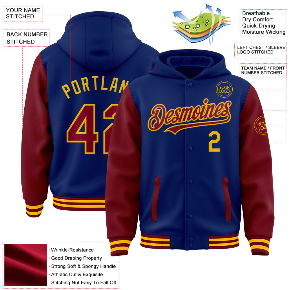 Custom Royal Crimson-Gold Bomber Full-Snap Varsity Letterman Two Tone Hoodie Jacket view 3