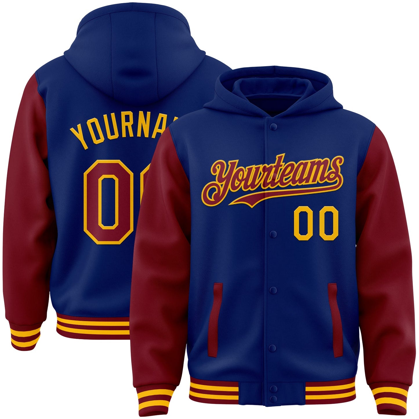 Custom Royal Crimson-Gold Bomber Full-Snap Varsity Letterman Two Tone Hoodie Jacket - Main View