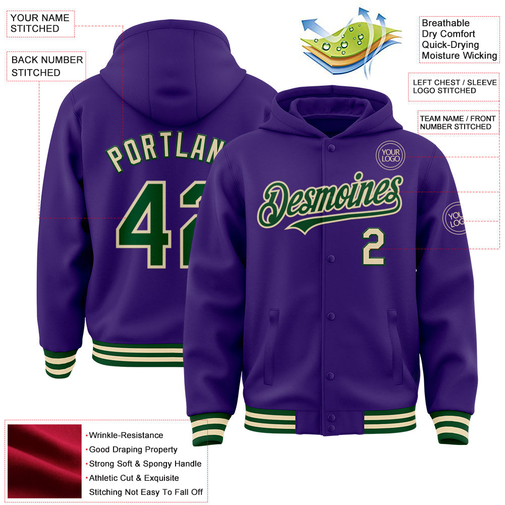 Custom Purple Green-Cream Bomber Full-Snap Varsity Letterman Hoodie Jacket view 3