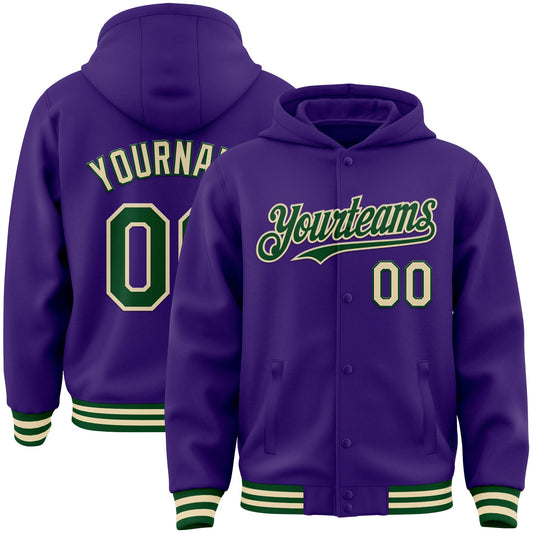 Custom Purple Green-Cream Bomber Full-Snap Varsity Letterman Hoodie Jacket - Main View