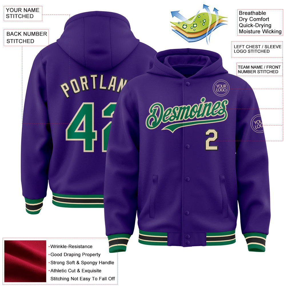 Custom Purple Kelly Green-Cream Bomber Full-Snap Varsity Letterman Hoodie Jacket view 3
