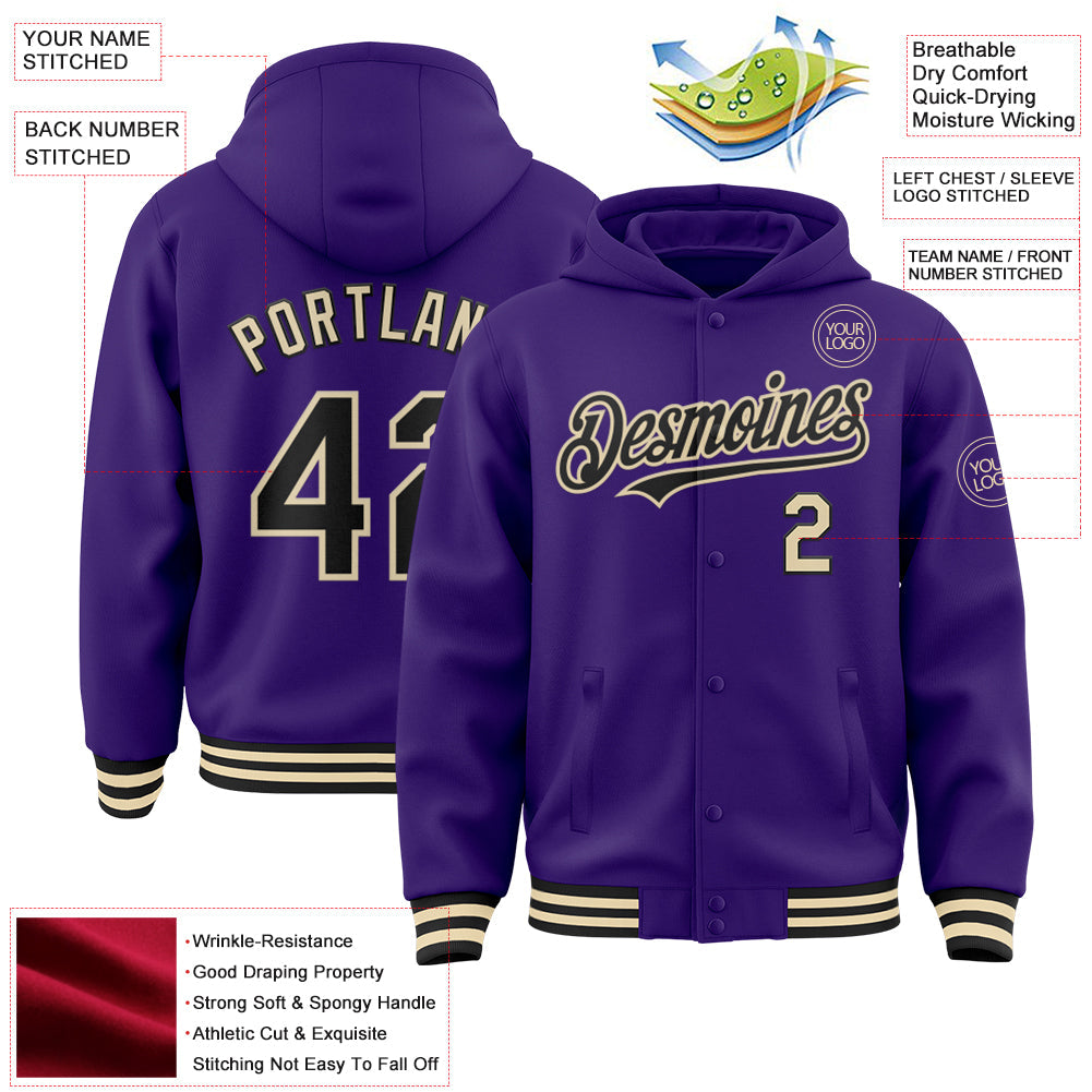 Custom Purple Black-Cream Bomber Full-Snap Varsity Letterman Hoodie Jacket view 3
