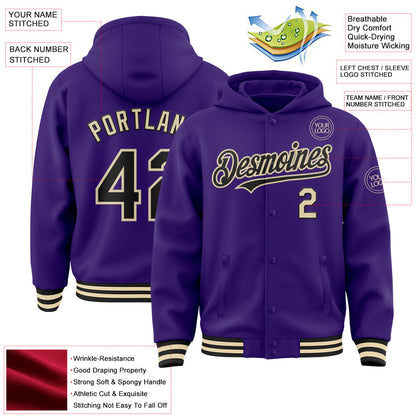 Custom Purple Black-Cream Bomber Full-Snap Varsity Letterman Hoodie Jacket view 3