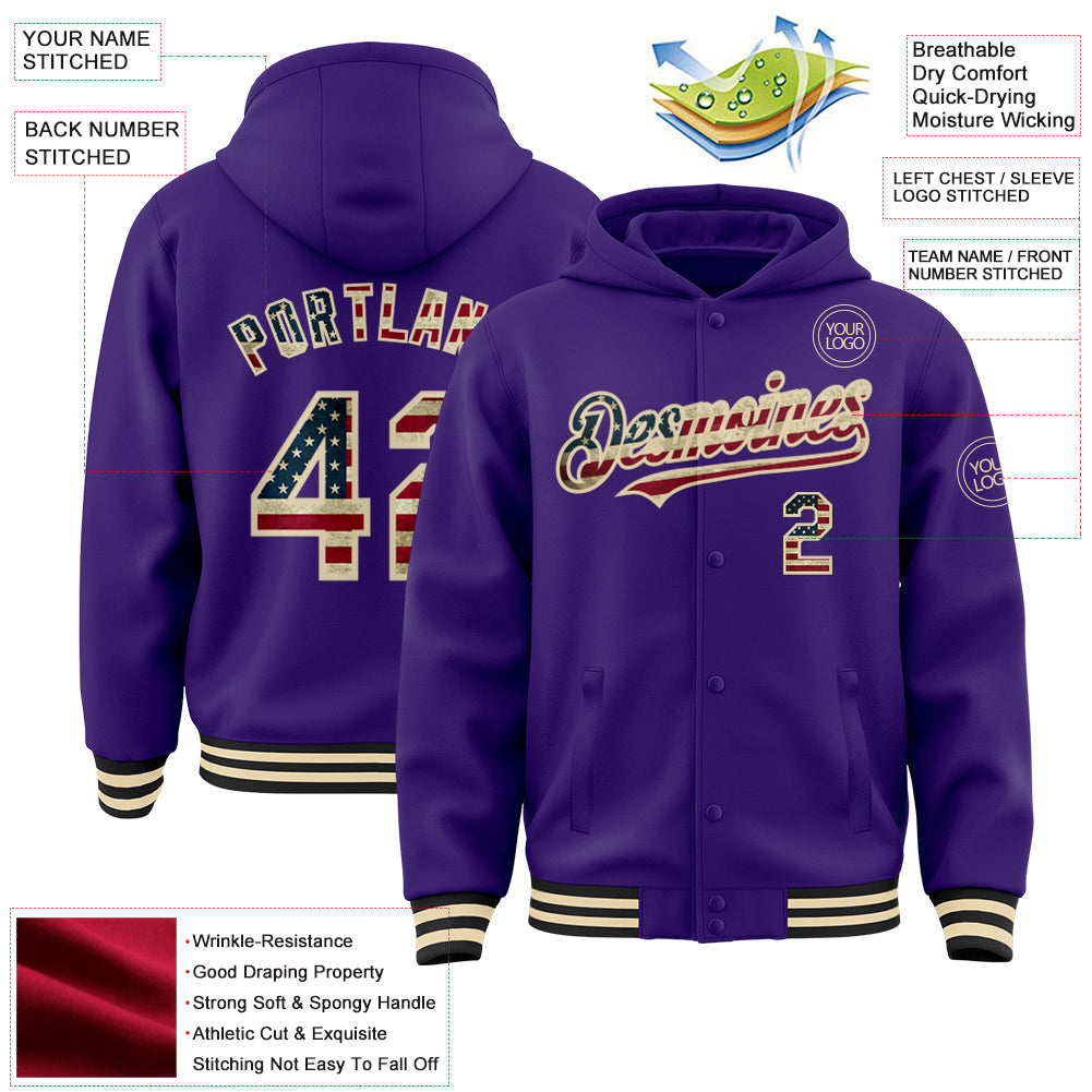 Custom Purple Vintage USA Flag Cream-Black Bomber Full-Snap Varsity Letterman Hoodie Jacket view 3