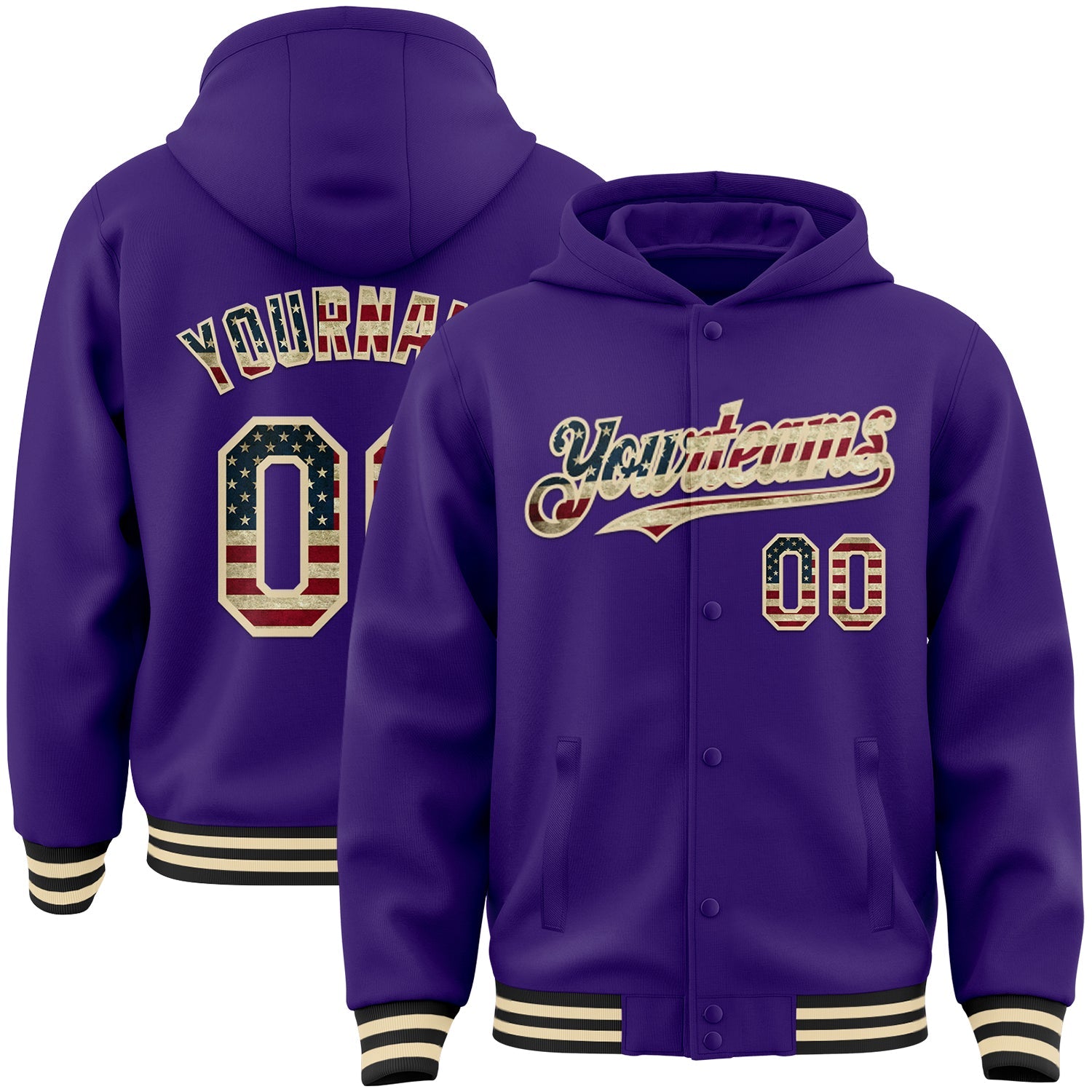 Custom Purple Vintage USA Flag Cream-Black Bomber Full-Snap Varsity Letterman Hoodie Jacket - Main View