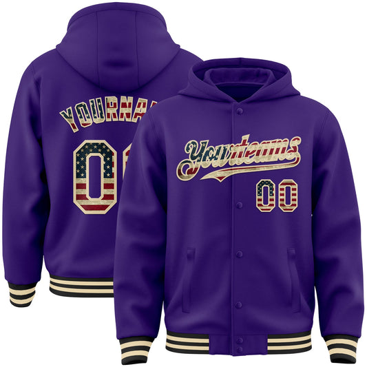 Custom Purple Vintage USA Flag Cream-Black Bomber Full-Snap Varsity Letterman Hoodie Jacket - Main View