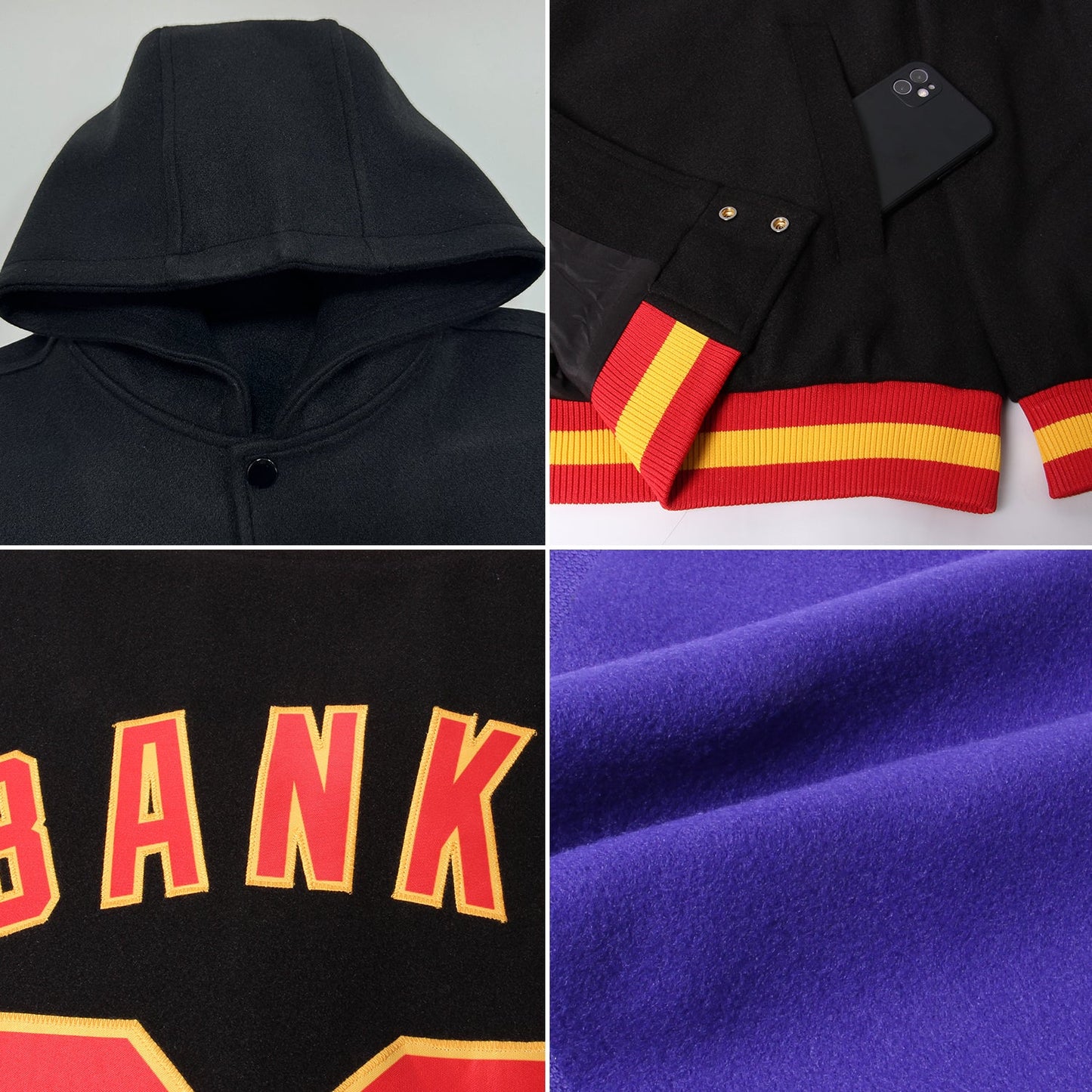 Custom Purple Black-Pink Bomber Full-Snap Varsity Letterman Hoodie Jacket view 2