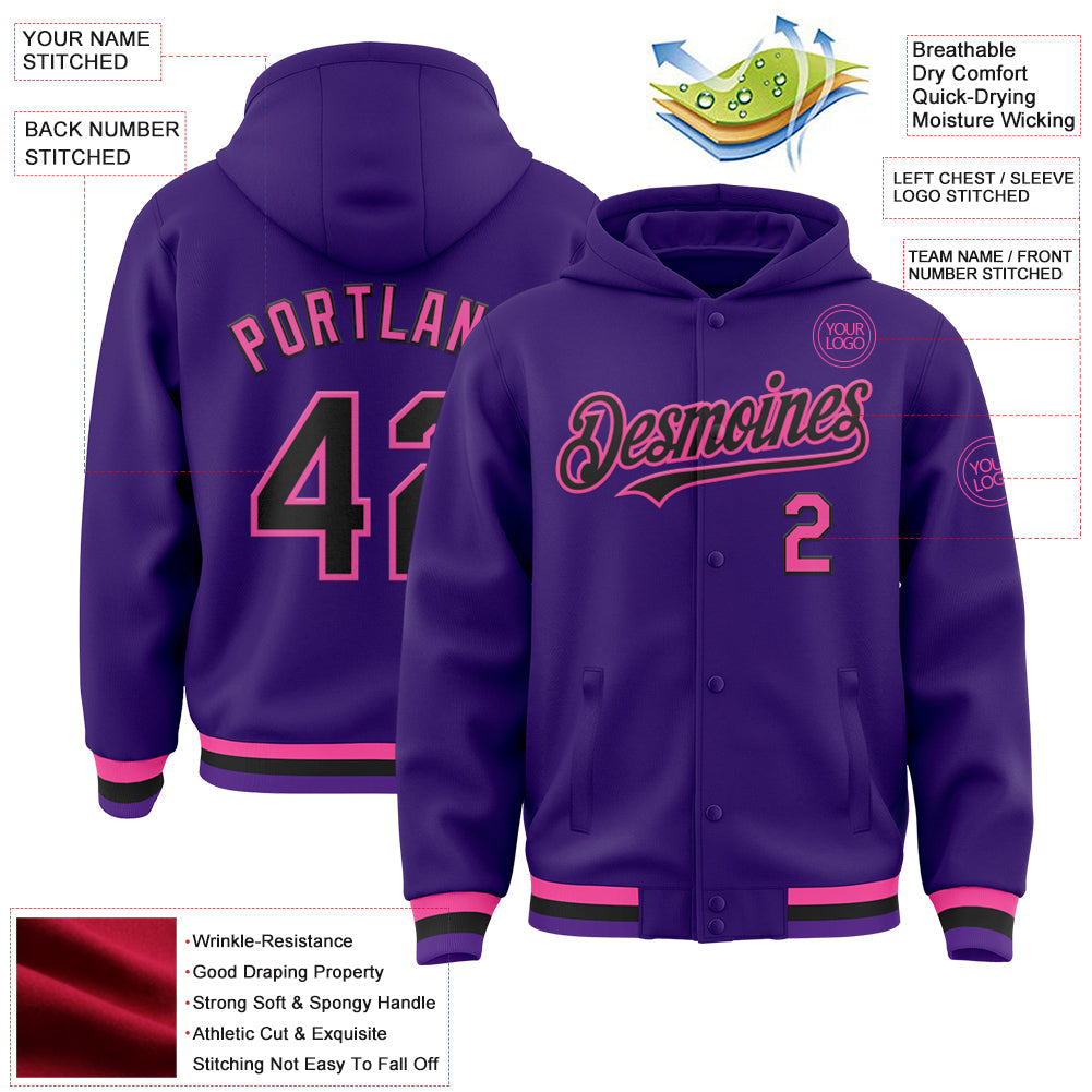 Custom Purple Black-Pink Bomber Full-Snap Varsity Letterman Hoodie Jacket view 3