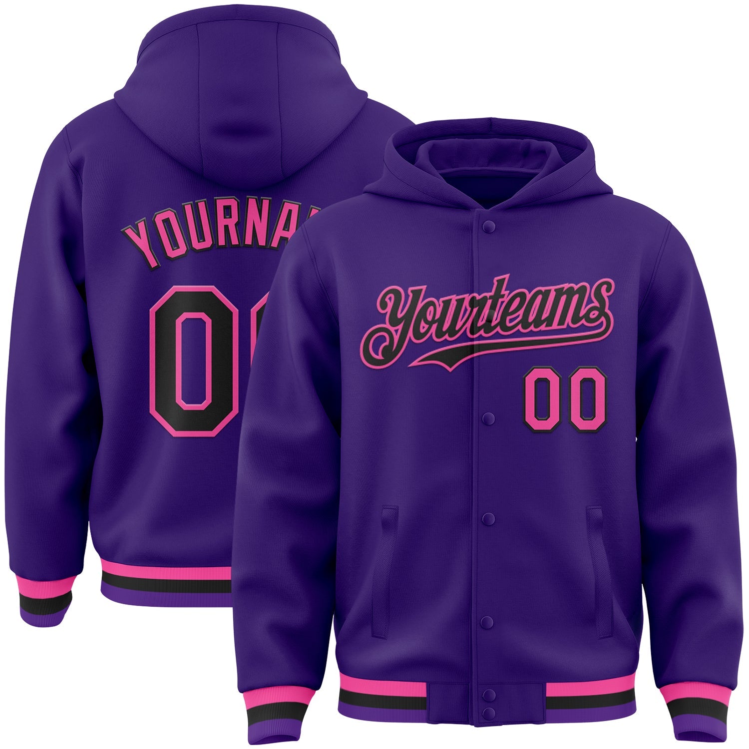 Custom Purple Black-Pink Bomber Full-Snap Varsity Letterman Hoodie Jacket - Main View