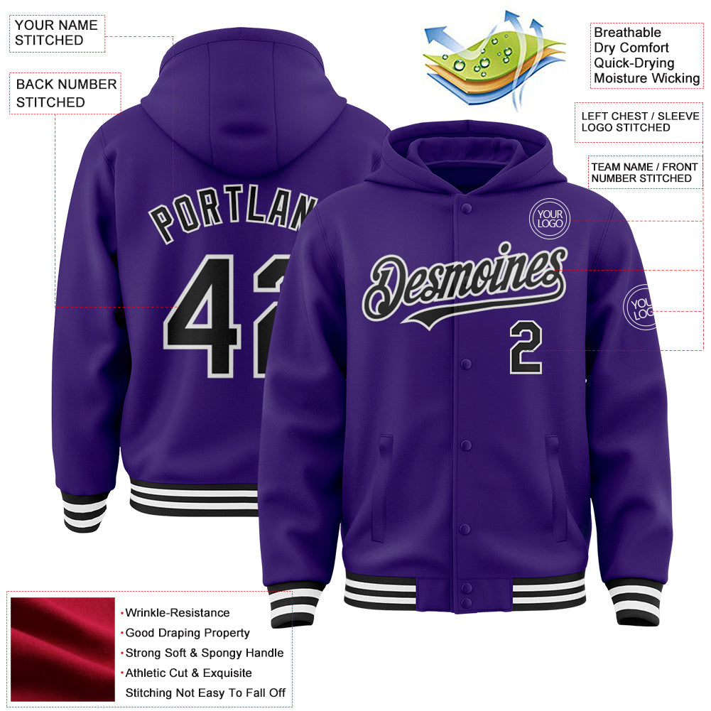 Custom Purple Black-White Bomber Full-Snap Varsity Letterman Hoodie Jacket view 3