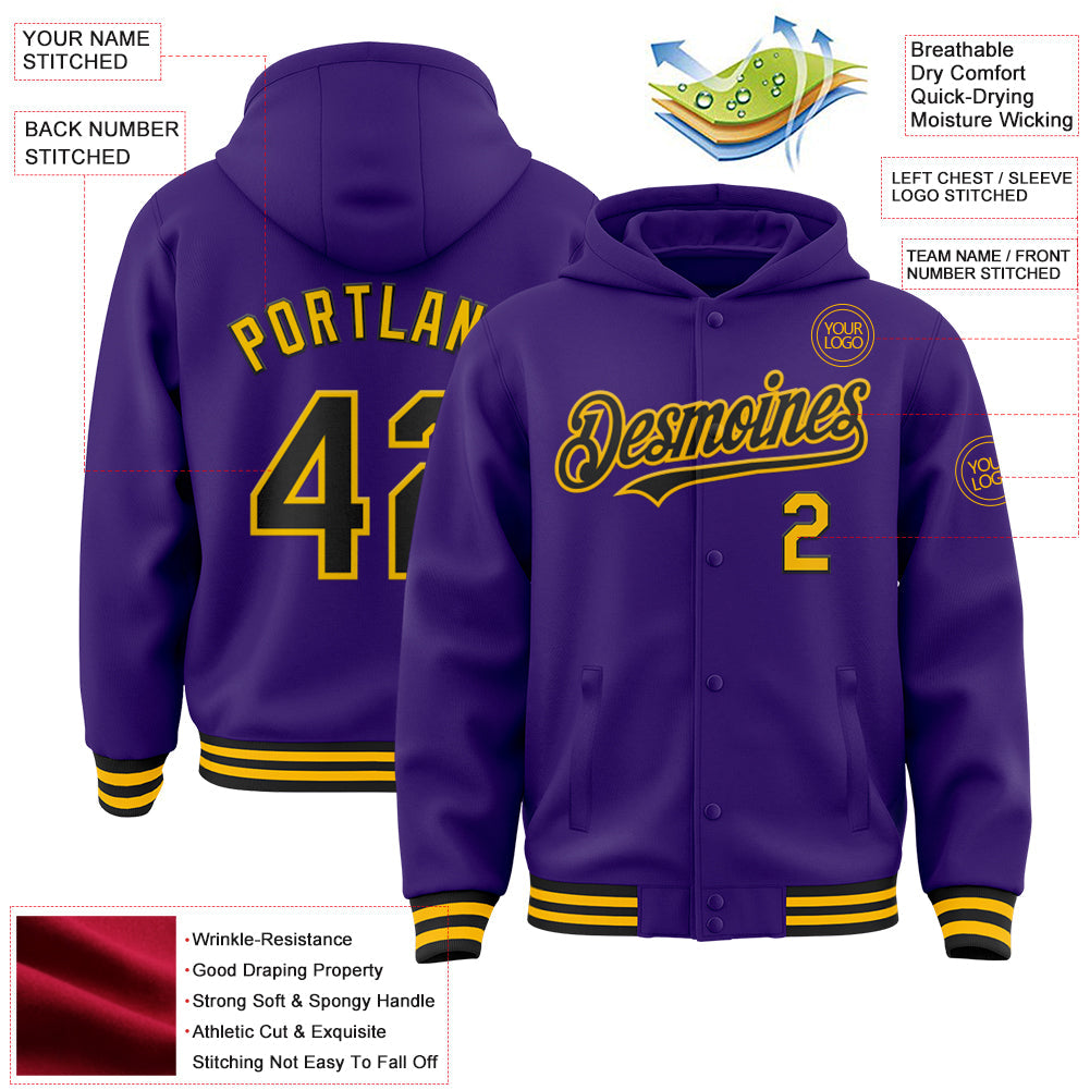 Custom Purple Black-Gold Bomber Full-Snap Varsity Letterman Hoodie Jacket view 3